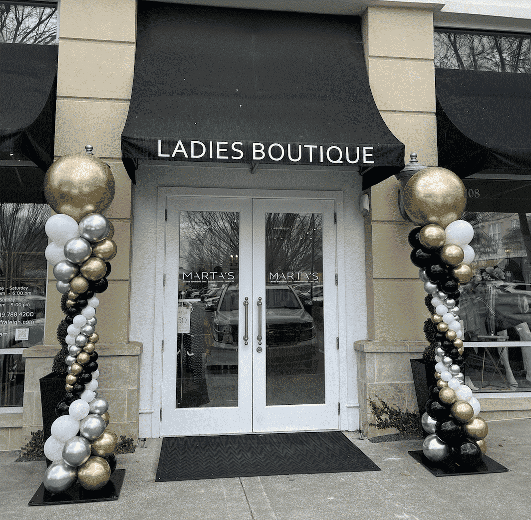 Elegant Spiral Balloon Columns for delivery in Raleigh NC in North Hills Ladies Boutique